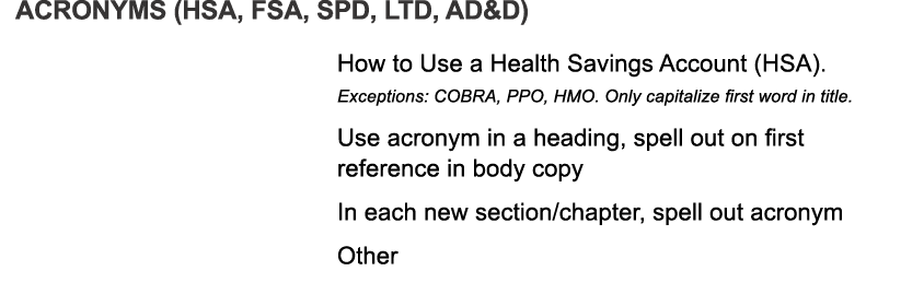 Acronyms (HSA, FSA, SPD, LTD, AD&D) How to Use a Health Savings Account (HSA). Exceptions: COBRA, PPO, HMO. Only capi...